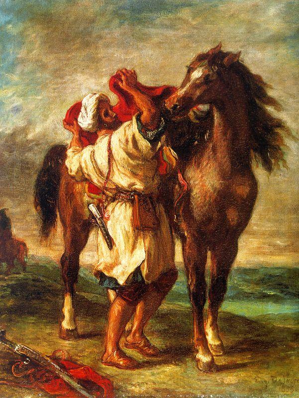 Eugene Delacroix Arab Saddling his Horse Norge oil painting art